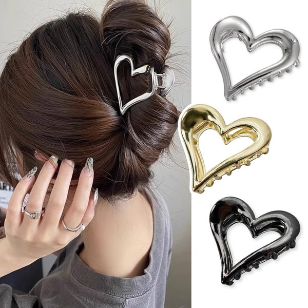 AIUPUOC Heart Hair Clips for Thin Hair for Women Valentine Hair Claw Clips French Hair Barrettes Accessories Holiday Hair Decoration Metal Silver Heart Clips Elegant Gold Claw Clip for Styling 3Pcs