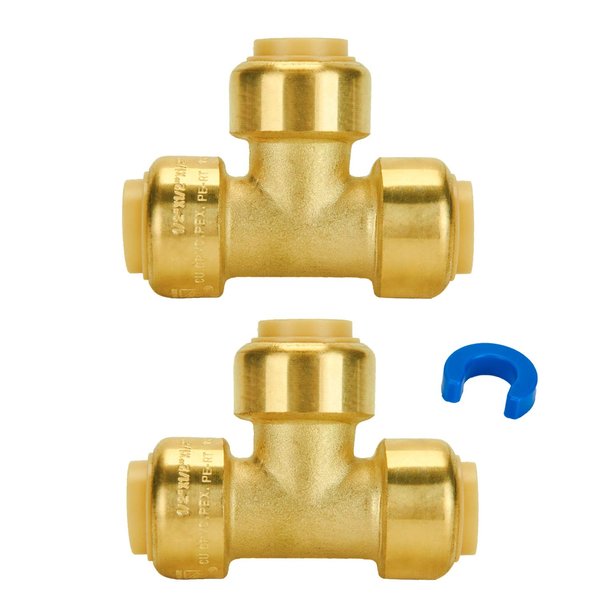 SUNGATOR Plumbing Tee Fittings 1/2 Inch, Push T Fittings 1/2", No Lead Brass Push Pex Fittings, Push to Connect Tee Fittings for PEX, Copper, CPVC Transition, with 1 Disconnect Clip, Pack of 2