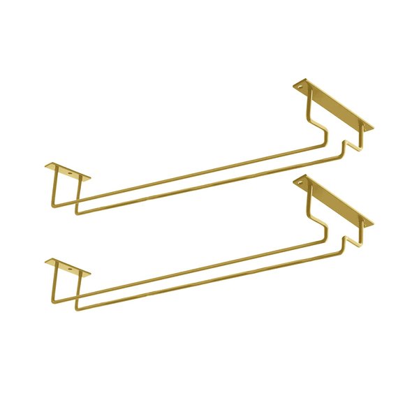 MATILODI 2 Pack 15.8-Inch Long Single Rail Metal Wine Glass Rack - Under Cabinet Stemware Wine Glass Storage Holder with Screws - Wire Wine Glass Hanger for RV Cabinet Kitchen Bar (Gold, 2)