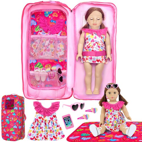 Ecore Fun Dolls Travel Carrier Case with 7 Pcs 18 Inch Doll Clothes and Accessories,Girl Doll Bag for 16-18 Inch Dolls,Doll Storage Case Organizer for Doll Accessories(No Doll)