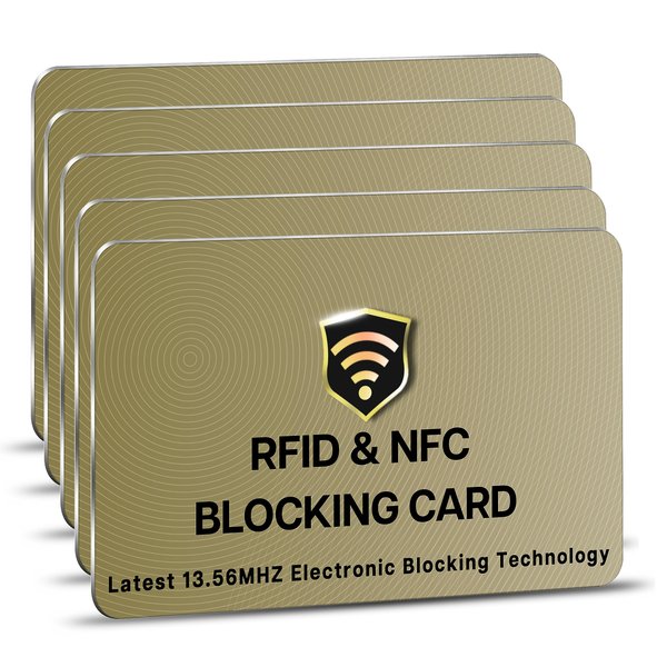 SaiTech IT RFID Cards, 5 Pack One Card Protects Entire Wallet Purse For Men & Women, Contactless Bank Debit Credit Card Protector ID ATM Guard Card – Golden