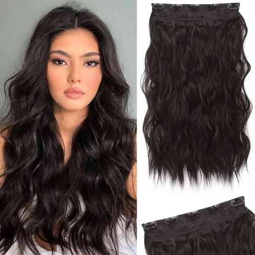 REECHO Clip in Hair Extensions, 20” One Piece Hair Extension Clip in Wefts Long Thick Beach Wavy Natural Soft Synthetic Hairpieces for Women, Black Brown