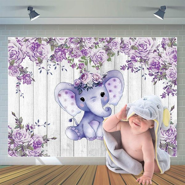 CYLYH 7X5ft Elephant Theme Backdrop Rustic Wood Elephant Backdrop Baby Shower Party Purple Flower Banner Girl Boy Newborn Kids Birthday Cake Table Decoration Banner D511