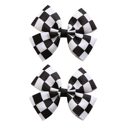 2PC Racing Checkered Flag Hair Bow Clips 4 Inch Girls Women Black and White Racing Fan Pigtail Hair Accessories