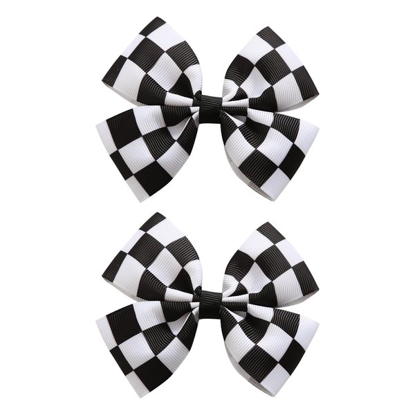 2PC Racing Checkered Flag Hair Bow Clips 4 Inch Girls Women Black and White Racing Fan Pigtail Hair Accessories