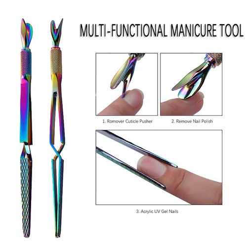 SILPECWEE 1Pc Colorful Stainless Steel Nail Art Pincher Cuticle Pusher Cuticle Nippers False Nail Shaping Tweezers Multi-Function Nail Care Manicure Sticks Nail Art Tools