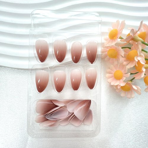 Brown Gradient Press on Nails Almond Short Fake Nails with Ombre Designs Fall Fall Nails Press ons Glossy Glue on Nails Full Cover Acrylic Artificial Stick on Nails for Women 24 Pcs