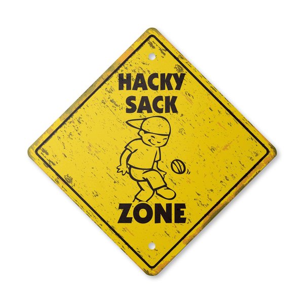 Hacky Sack Vintage Crossing Sign Zone Xing | Indoor/Outdoor Plastic | 20" Tall Rustic Kick College Game Foot Sack