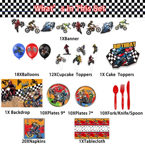 Heidaman Dirt Bike Party Decorations，Dirt Bike Birthday Decorations For Boys，Motorcycle Birthday Decorations,Set Included Banner Backdrop Tablecloth Balloon Cake Toppers Cupcake Toppers 7 "Plate 9"