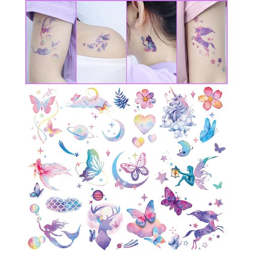 Onogola Glitter Temporary Tattoos for Women Girls, 12 Sheets Colorful Butterfly Wings Mermaid Unicorn Fake Tattoo Stickers Waterproof for Face Body Arm Makeup Birthday Party Favors Gifts