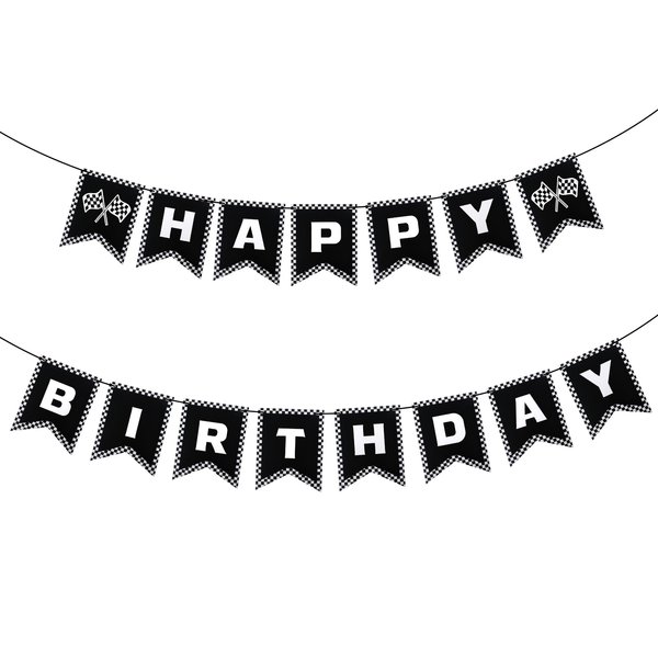 Race Car Happy Birthday Banner - Racing Themed Party Decorations with Checkered Flags, Black and White Racing Banner, Perfect Party Supplies for a Race Car Birthday Celebration