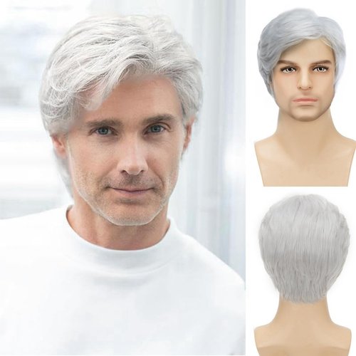 Sabosi Men's White Wigs Short Wigs Natural Looking Heat Resistant Synthetic Hair with Adjustable Cap 180g
