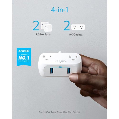 Anker Extension Cord,Mini Power Strip with USB Ports ,2 Outlets and 2 USB-A Ports, Flat Plug, 5 ft Extension Cord, Safety System for Travel, Desk, and Home Office, TUV Listed