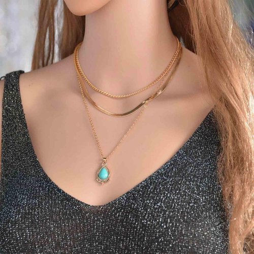 Allereyae Vintage Layered Turquoise Necklace Turquoise Pendant Necklace Blue Stone Bead Choker Necklace Gold Snake Herringbone Chain Necklace Jewelry for Women and Girls