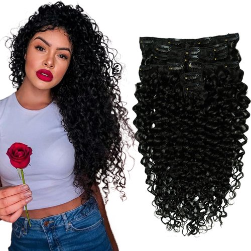 Hyssiet Curly Human Hair Clip in Extensions 7pcs with 16 Clips Healthy Wavy Clip Hair Extensions Real Human Hair 120g 20 Inch Natural Black #1B Soft Thick Curly Hair Extensions