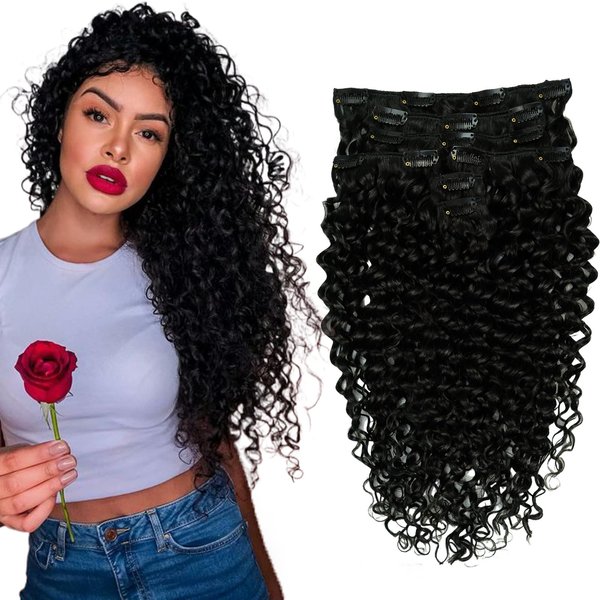 Hyssiet Curly Human Hair Clip in Extensions 7pcs with 16 Clips Healthy Wavy Clip Hair Extensions Real Human Hair 120g 20 Inch Natural Black #1B Soft Thick Curly Hair Extensions