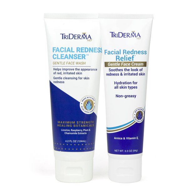 TriDerma Facial Redness Relief Bundle, Gentle Face Cleanser Plus Moisturizing Face Cream, Soothing Daily Redness Treatment for Red, Sensitive Skin| Promotes Even Skin Tone | Day/Night |