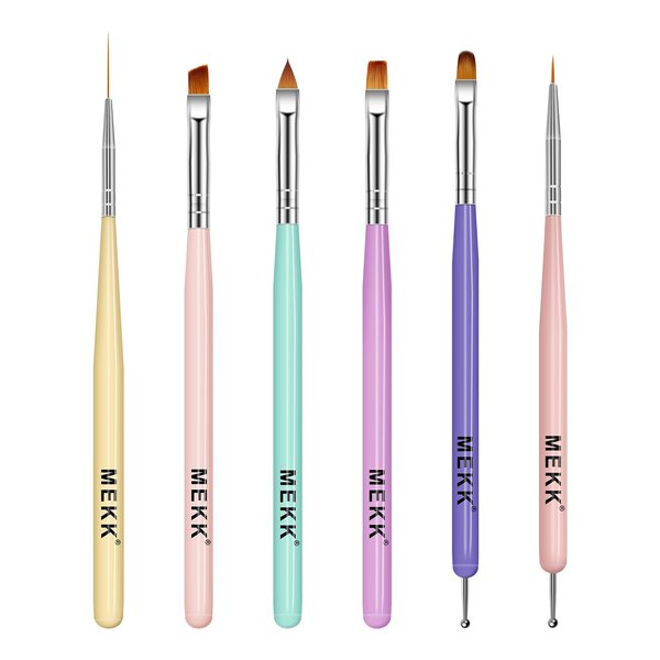 MEKK Nail Art Brush, 6Pcs Multicolor Nail Art Brushes with French Tip Brush Builder Gel Brush Nail Liner Brush and Nail Dotting Tools for Salons & Home DIY