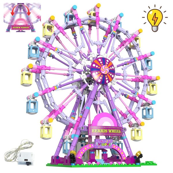 Benuefe Rotating Ferris Wheel Building Blocks Set Toys with Lighting Kit, Carnival Amusement Park Construction Kits for Kids Children, Great Gift for Age 6+ Years Old（813pcs）-Pink