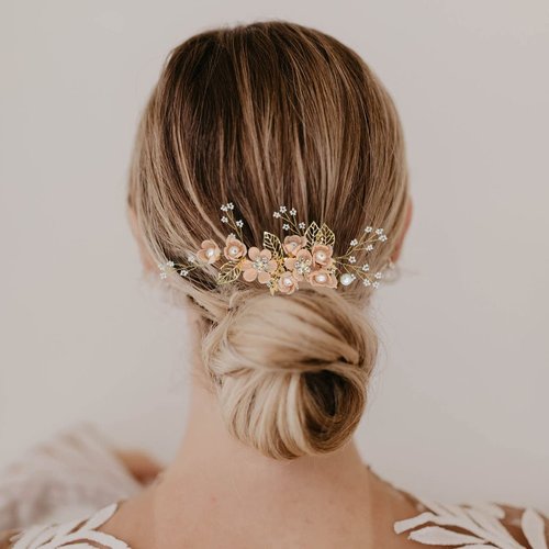Wedding Hair Accessories, Fanvoes Hair Pieces Comb for Brides Bridal-Gold Vintage Headpiece Clip Barrette w/Handmade Pink Flower Leaf Ivory Pearl Beads Rhinestone Crystal for Women Girls Bridesmaid