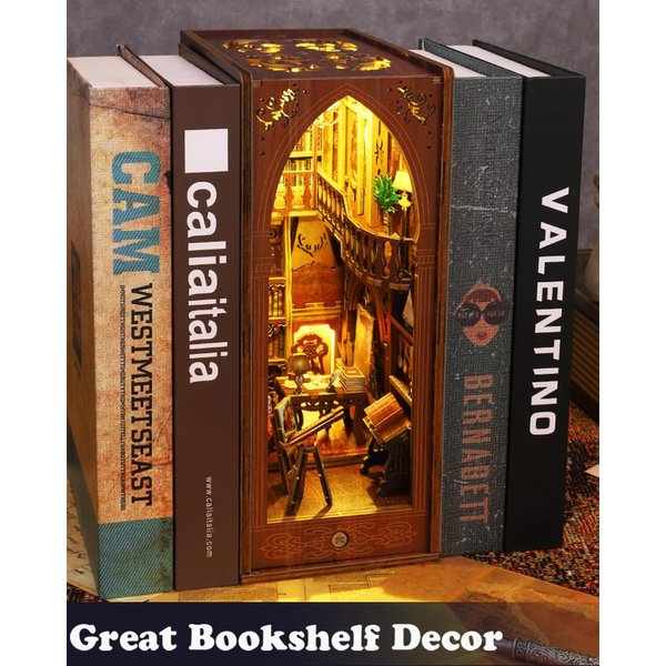 DIY Book Nook Kit, Bookshelf Insert Decor Alley 3D Wooden Puzzles with LED Lights & Motion Sensor, Miniature Dollhouse Kits Bookends Craft Kits for Adults Teens - Library