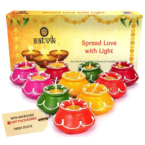 SATVIK 10 Pc Set Matki Clay Diya Diwali Wax Filled Dia for Puja Pooja Traditional Handmade Terracotta Earthen Vilakku Oil Lamp Diyas Natural Mitti Welcome Deepawali Decoration Indian Gift Items