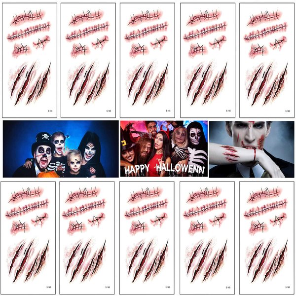 Halloween Scar Temporary Tattoos, Bezall 10 Sheets Realistic Fake Face Wound Stitch Tattoo Sticker Waterproof Zombie Makeup Prank Props