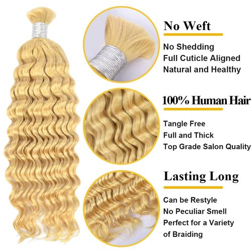 Deep Wave Bulk Human Hair for Braiding No Weft Hair Extensions Human Hair for Boho Braids 100% Unprocessed Brazilian Virgin Human Hair Wet and Wavy Bulk Braiding Hair 613 Blonde 1 Bundle 100g 22 Inch