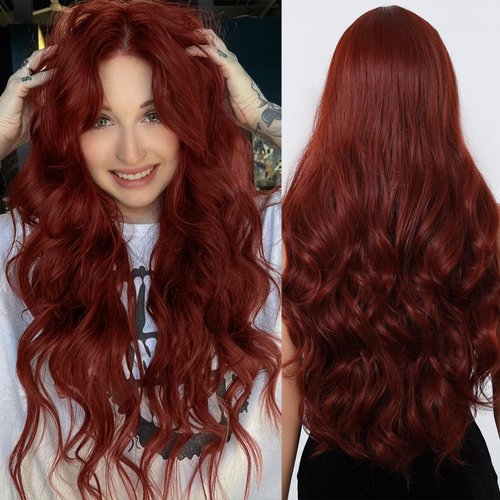 testar Copper Wig for White Women Lace Hairline Auburn Wigs Middle Part Red Wigs Burgundy Wigs Reddish Brown Wig Long Wavy Synthetic Wigs for Cosplay 26IN