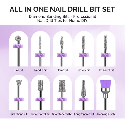 MelodySusie Nail Drill Bits, 10Pcs Diamond Sanding Bit Set with 40pcs Small Sanding Bands (#120#180#240 Grits) with 3.1mm Mandrel Bit, Nail Gel Polish Remover Tool for Acrylic Nails Manicure Nail Prep