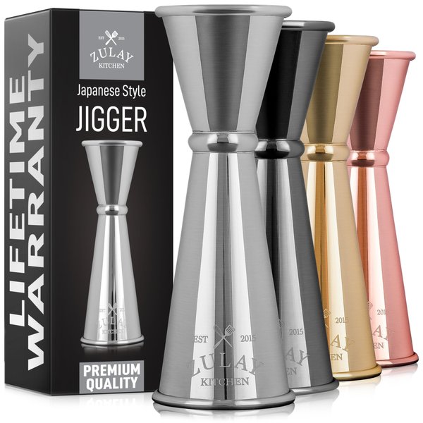 Zulay Kitchen Shot Measure Jigger For Bartending - Cocktail Jigger 18/8 Food-Grade Stainless Steel - Jigger 2 oz 1 oz Etched Markings - Cocktail Measuring Cup Japanese Jigger - Double Jigger (Chrome)