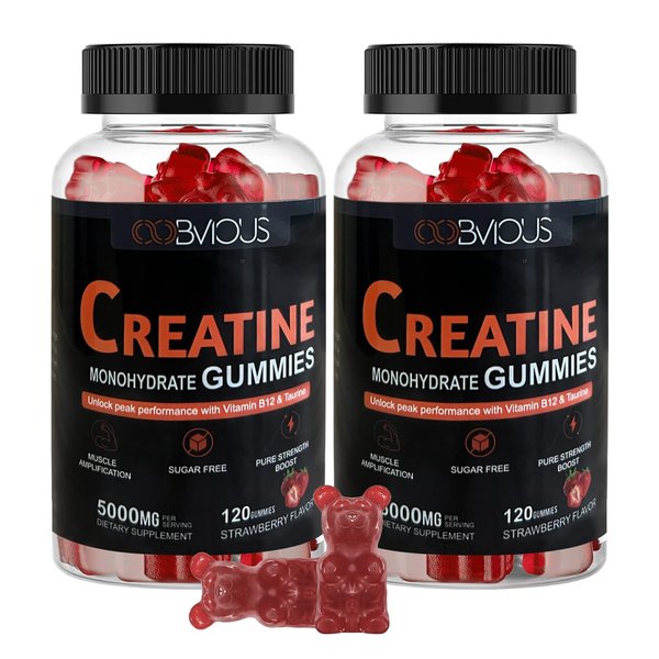 Creatine Monohydrate 240 Gummies for Men & Women- 5g, Sugar-Free Pre-Workout Gummy W/L-Taurine, Betaine Anhydrous, Alpha GPC, Vitamin B12, Chewable Gummies for Muscle Strength & Energy Boost (2 Pack)
