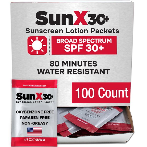 Sun X 30+ SPF Individual Sunscreen Packets Travel Size - Pack of 100 Paraben, Oxybenzone, & White Cast Free Broad Spectrum SPF Sunscreen Packets - Water & Sweat Resistant For Up To 80 Minutes