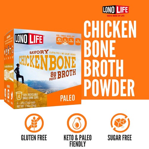 LonoLife Chicken Bone Broth Powder with 8g Protein, Paleo and Keto Friendly, Gluten-free, Single Serve Cups, 4 Servings, (Equal to 32 ounces of broth) 4 Count