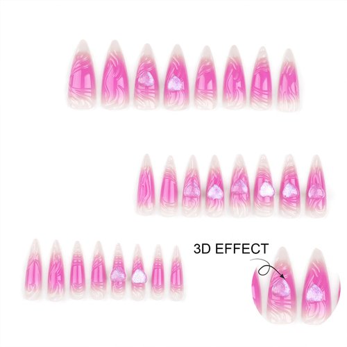 Tyuimhx Pink Gradient Press on Nails Medium Almond Fake Nails 3D Pink Heart False Nails Full Cover Stick on Nails Acrylic Ombre Artificial Nails for Women Girls Glue on Nails 24Pcs
