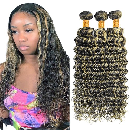 Niciitysi P1B/27 Highlight Bundles Human Hair Highlight Deep Wave Human Hair Bundles Highlight 16 18 20 inch Brazilian Virgin Remy Hair Extensions Two Tone Black Mixed With Blonde Human Hair Bundles