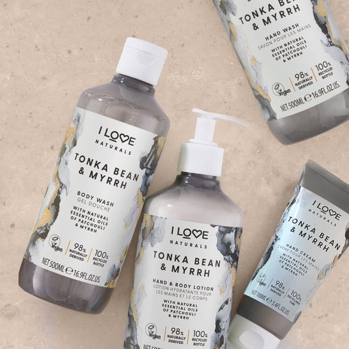 I Love Naturals Tonka Bean & Myrrh Body Wash, Natural Oils Of Patchouli & Myrrh, Formulated Using Essential Oils For Silky Smooth & Moisturised Skin, 100% Recycled Bottle & Vegan-Friendly - 500ml