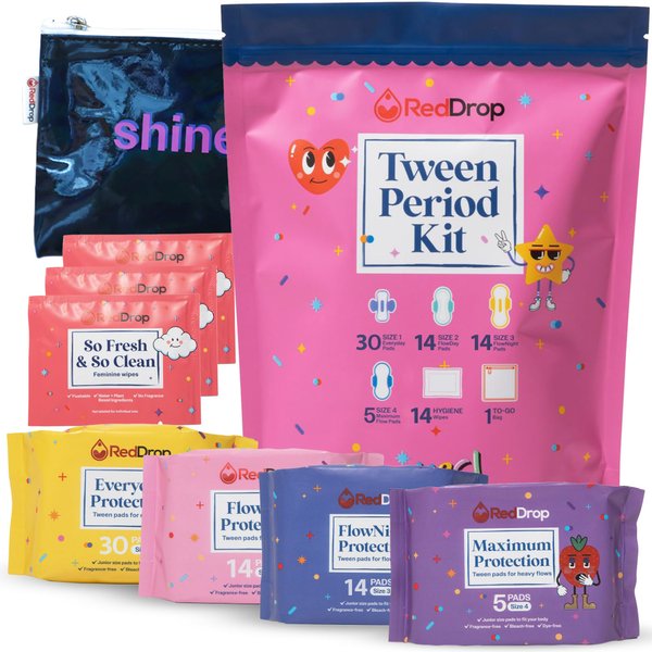 RedDrop Period Kit for Tweens - First Period Kit for Girls 9-12 - Includes 30 Everyday Pads, 14 FlowDay Teen Pads, 14 FlowNight Pads, 5 Maximum Pads, 14 Feminine Wipes, & More - Teen Period Kit