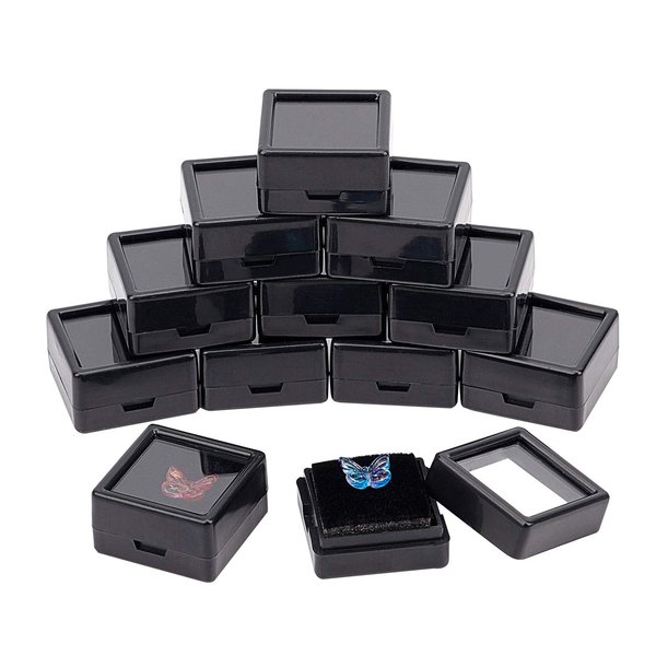 BENECREAT 36PCS Black Gemstone Display Box Mini Square Acrylic Jewelry Box Container(1.2x1.2x0.6) with Clear Top Lids and Sponge for Gems, Coins，Jewelry Packing