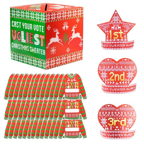 Osonm Christmas Ugly Sweater Contest Ballot Sets with Ugly Sweater Contest Ballot Box, 60 Voting Cards and 3 Award Hats Headband for Xmas Winter Holiday Party Decorations Supplies
