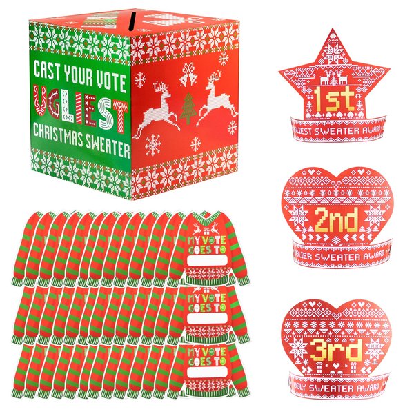 Osonm Christmas Ugly Sweater Contest Ballot Sets with Ugly Sweater Contest Ballot Box, 60 Voting Cards and 3 Award Hats Headband for Xmas Winter Holiday Party Decorations Supplies