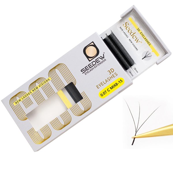 SEEDEW 3D Lash Extensions, 0.07mm C Curl MIX8-15mm 12 Rows/Tray, W Shape Flat Stem, Korean PBT Natural Eyelash Grafting for Beginner Artist, Lash Tech, Beauty Salon(3D-Matte Black-0.07-C-MIX8-15mm)
