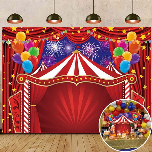 Circus Theme Backdrop Carnival Red Tent Photography Background Circus Amusement Park Fireworks Balloon Banner for Newborn Baby Shower Birthday Party Decorations Supplies (8x6FT: 96x72 inch)