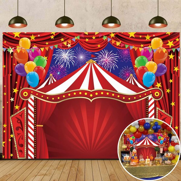 Circus Theme Backdrop Carnival Red Tent Photography Background Circus Amusement Park Fireworks Balloon Banner for Newborn Baby Shower Birthday Party Decorations Supplies (8x6FT: 96x72 inch)
