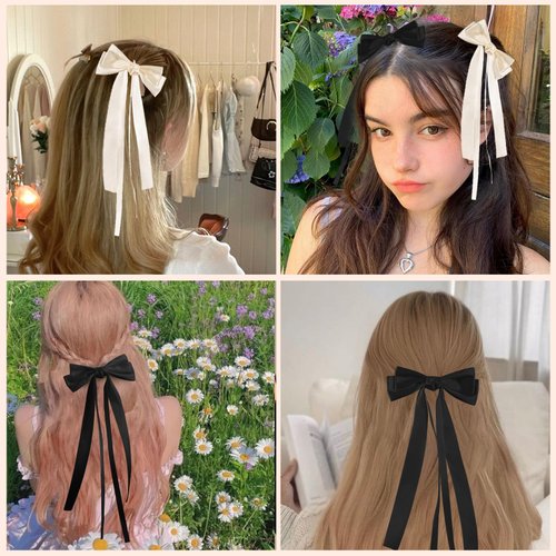 EHBELIF Hair Bows for Women Bow Hair Clips Pink Hair Ribbon Bow Tassel Hair Bow with Long Tail Silk Bowknot Hair Clip Barrettes Solid Satin Hair Accessories for Women and Girls (Black&white)