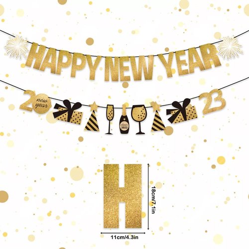 Happy New Year Banner 2023 New Years Eve Party Decoration,Golden Firework Theme Happy New Year Banner Bunting Sign for 2023 New Years Party Supplies
