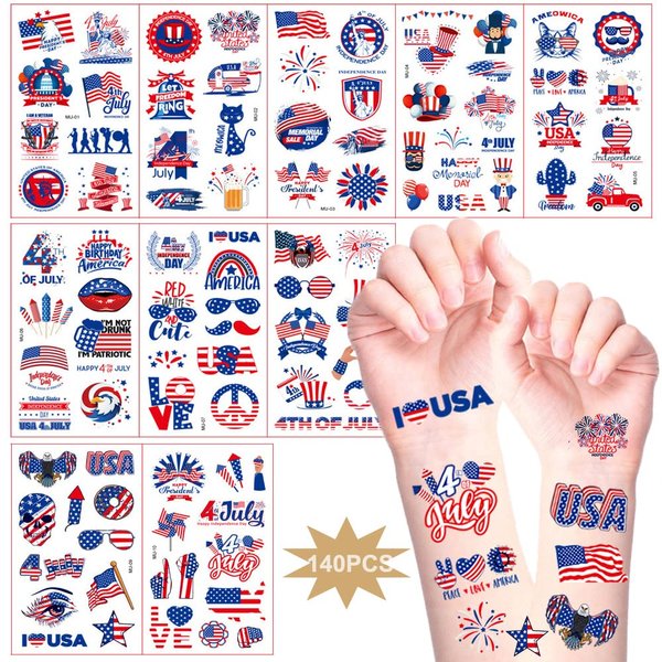 4th of July Tattoos Decorations 140Pcs USA Patriotic Temporary Tattoos for Kids Women American Flag Eagle Firework Shape Waterproof Face Body Fake Tattoos Sticker for Independence Day Party Supplies