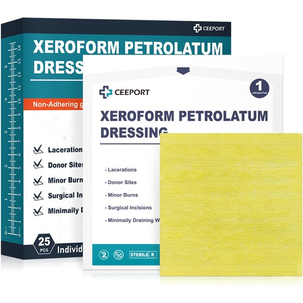 Ceeport Xeroform Petrolatum Dressing 4x4, Non-Adherent Medical Gauze Pad Strip, Soft Fine Mesh Gauze Patch for Wound Care, Burns, Lacerations, Skin Grafts & Surgical Incisions (25 Individual Pack)