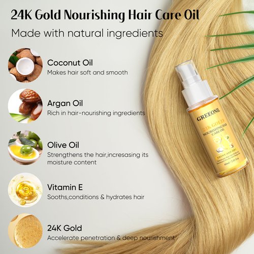 GREEONIL Hair oil, Hair Repair Serum,24K Gold Argan Oil Coconut Oil Olive Oil and Vitamin E for Frizz Control, Add Shine,Nourishing Hair Oil for Split Ends Hair Treatment,2.02 fl oz,60ml