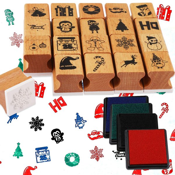 HOWAF 24pcs Wooden Christmas Stamps with Ink Pad for Kids Crafting Card Making Painting, Christmas Stamp for Children DIY Scrapbooks Wrapping Paper Gift Christmas Party Bag Fillers Favor Supplies Xmas